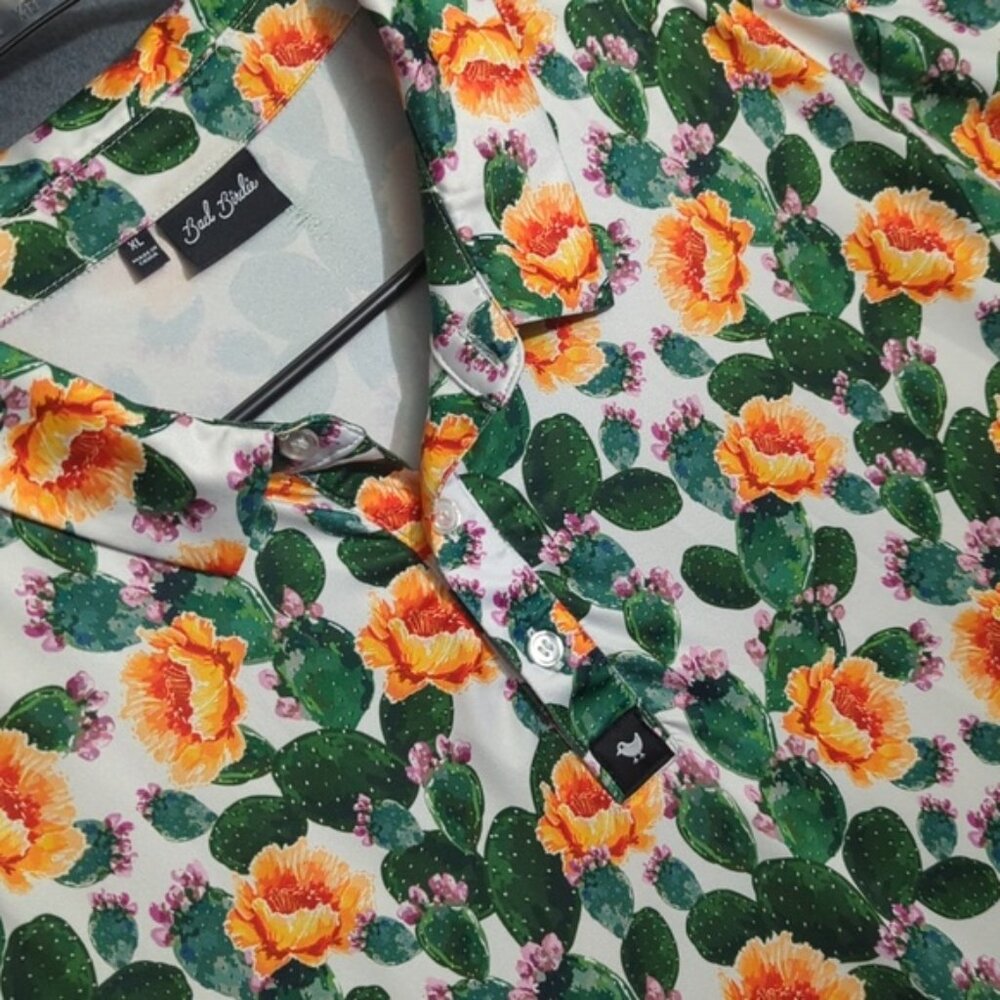 Bad Birdie Shirt Men's XL Multicolor Polo Prickly Pear Cactus Flowers Stretch